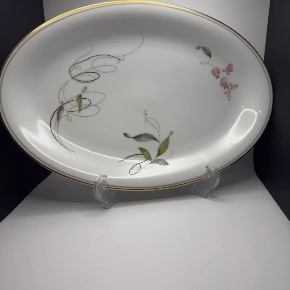 Noritake RC Japan 1389 Oval Serving Platter Floral Gold Trim Whte Porcelain 12in